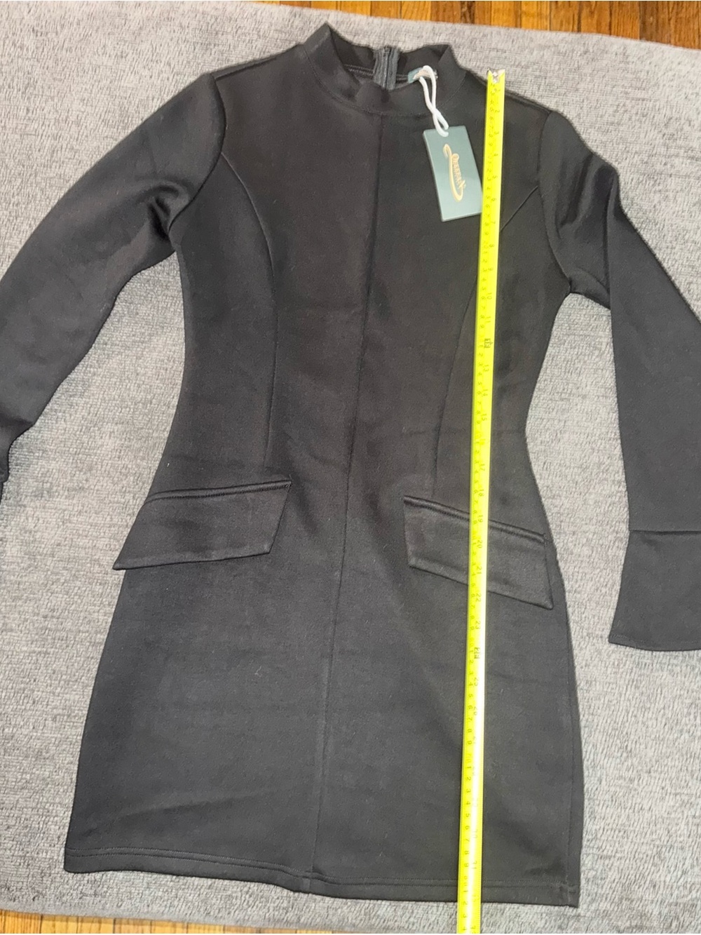 OFEFAN Bodycon Mini Dress Small Mock Neck Bell Sleeve NWT Black Cocktail Dress - Picture 10 of 12